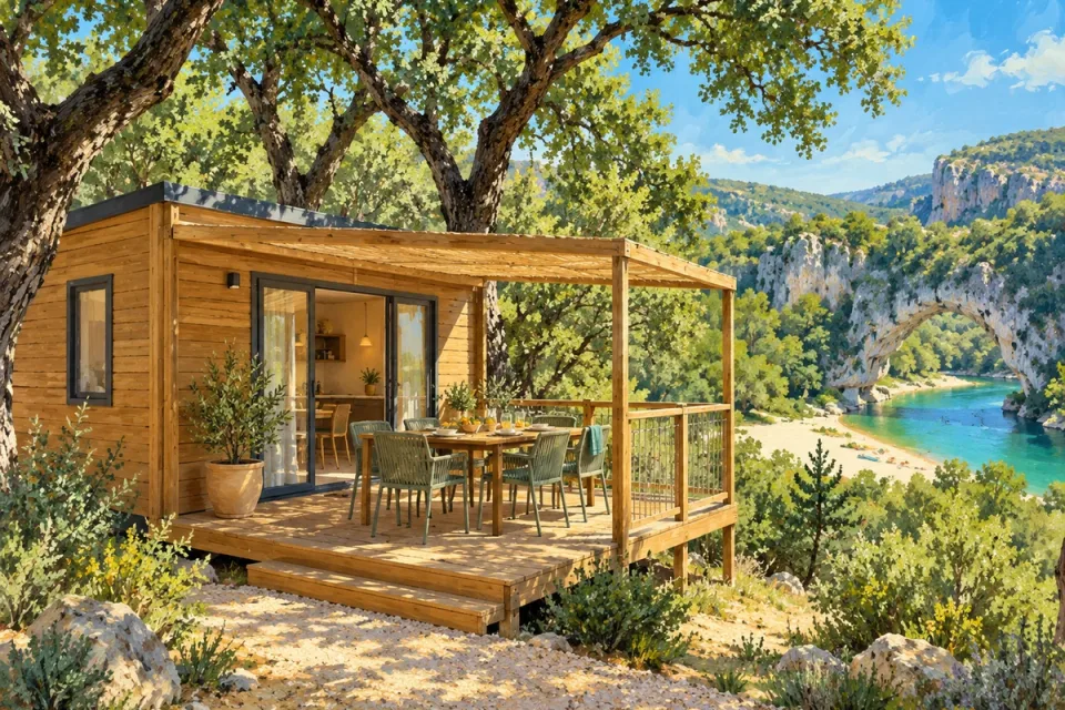 Un chalet en bois avec sa terrasse, une table et des chaises, sous les arbres.