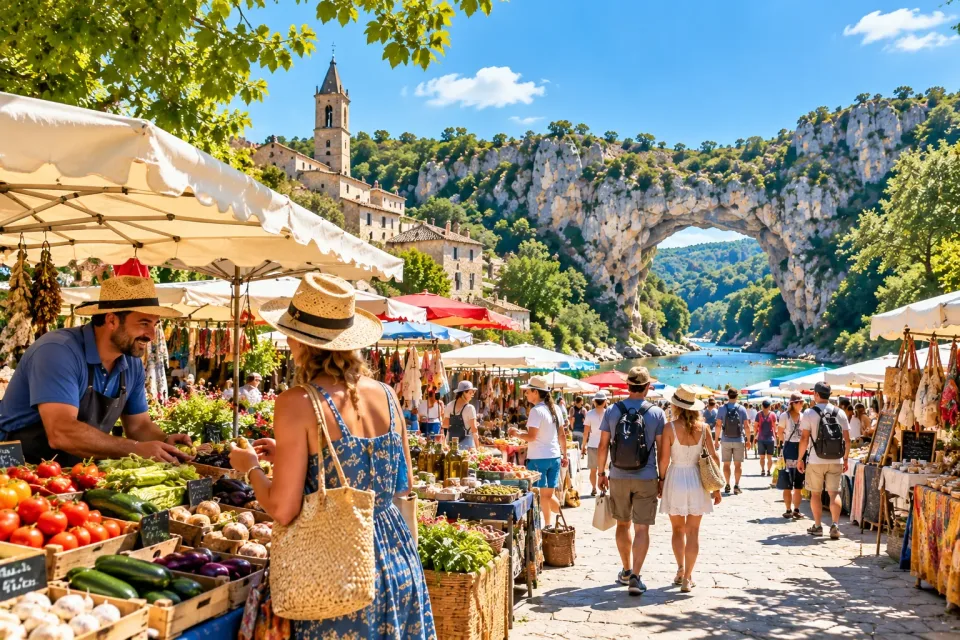 Un marché en plein air : étals de fruits et de légumes, parasols, promeneurs et un clocher.