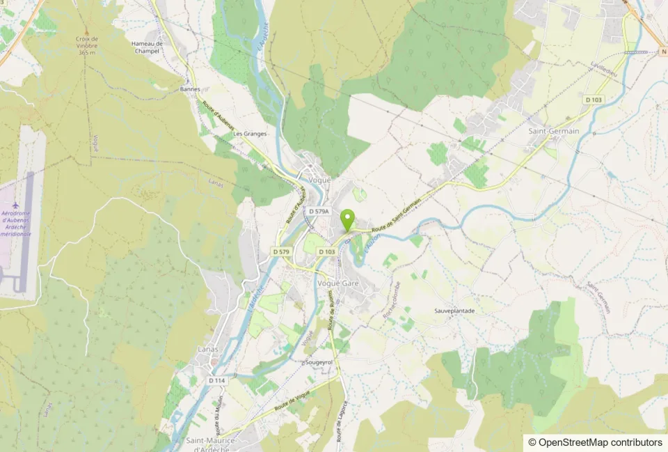 Carte des environs de Vogüé, en Ardèche. Un marqueur indique le camping, route de Saint-Germain, à l’entrée sud-est du village.