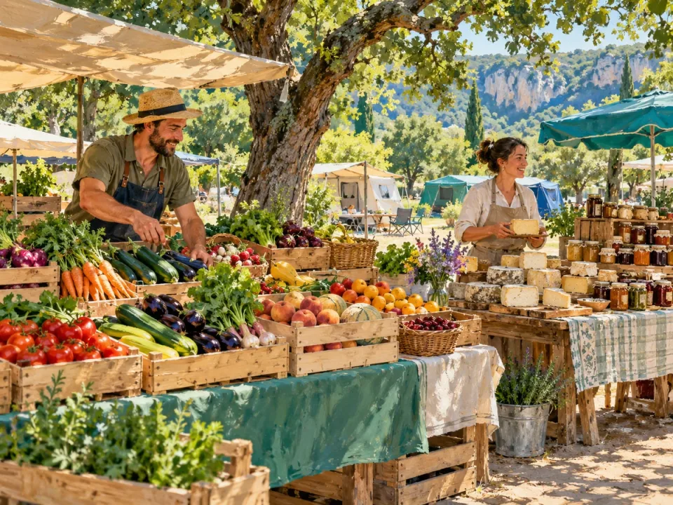 Un marché de producteurs : étals de fruits, de légumes et de fromages sous des auvents.