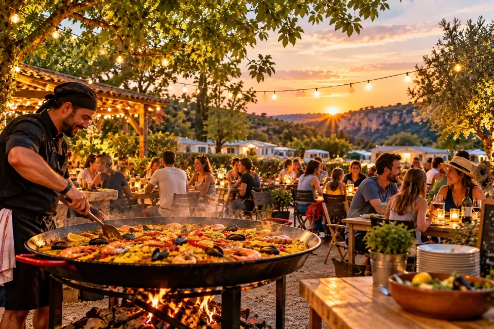 La soirée paella au coucher du soleil : une grande poêle de paella sur le feu, des familles à table sous des guirlandes.