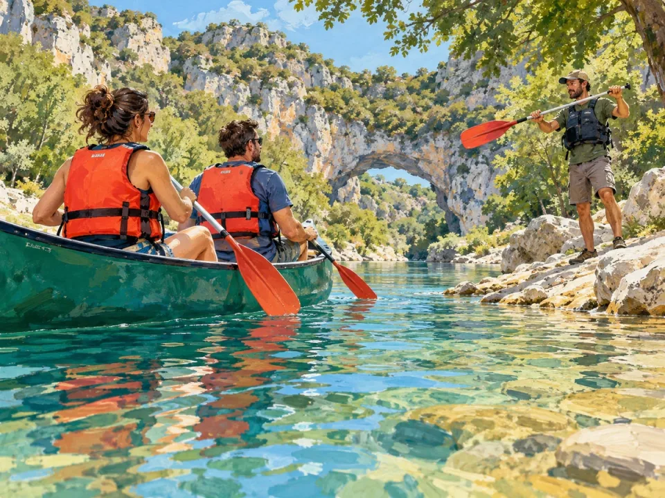 Deux personnes en gilet de sauvetage dans un canoë vert, sur la rivière.