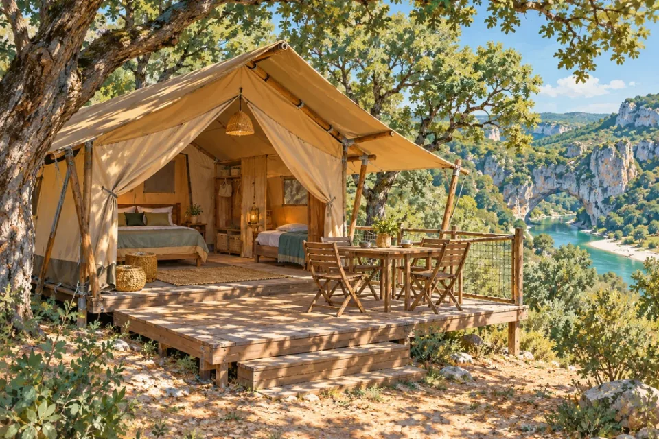 Une tente lodge en toile beige sur une terrasse en bois. Un lit est visible à l’intérieur.
