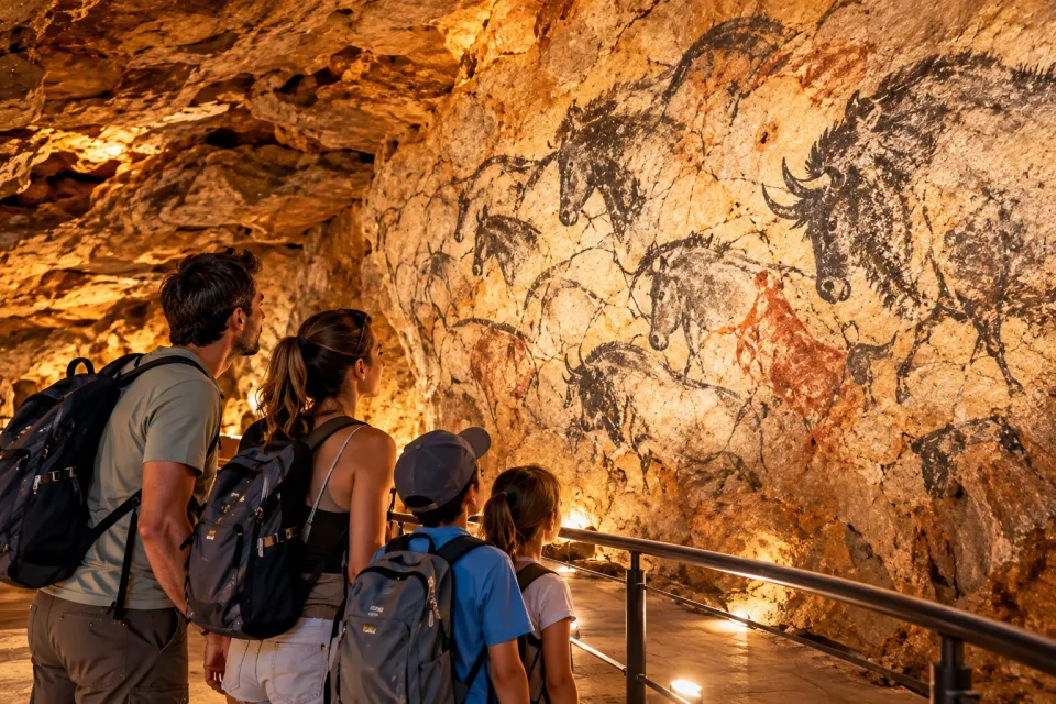 Une famille regarde des peintures d’animaux sur une paroi de la Grotte Chauvet 2.
