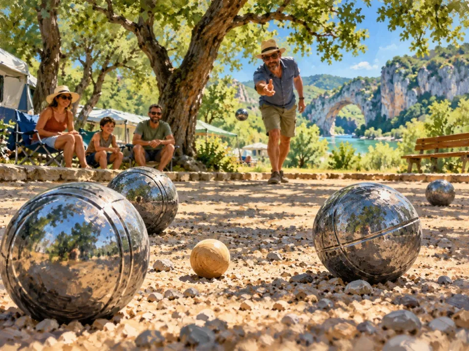 Une partie de pétanque sous les arbres, des boules au premier plan.