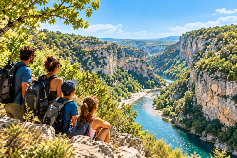 Une famille en randonnée regarde les gorges de l’Ardèche depuis un rocher.