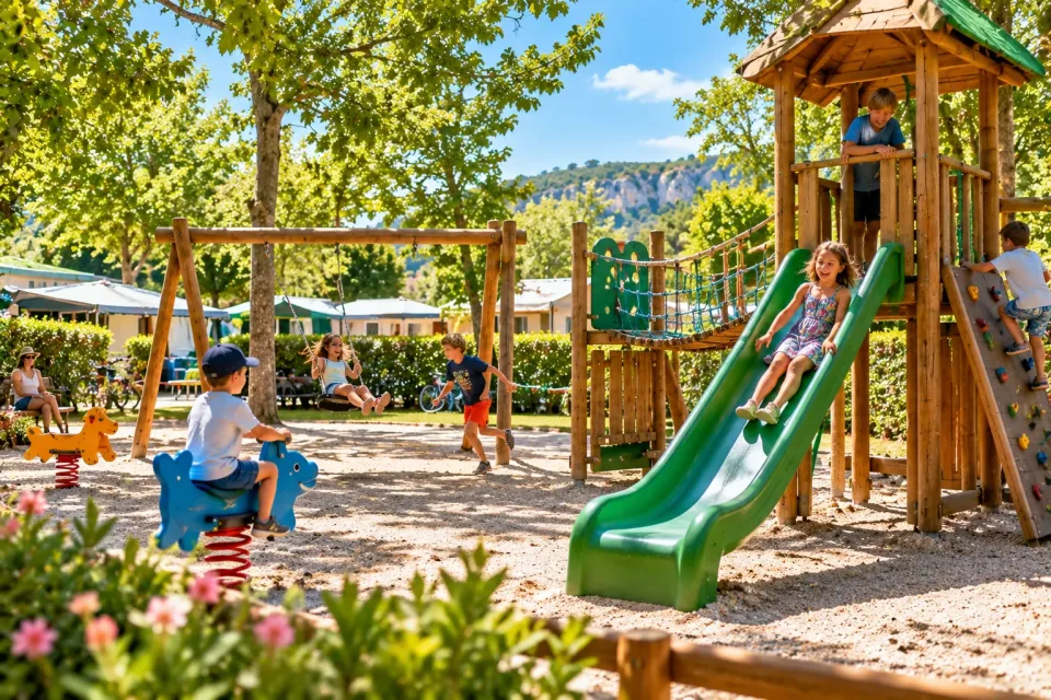 L’aire de jeux : un toboggan vert, une cabane en bois et des jeux à ressort. Des enfants jouent.