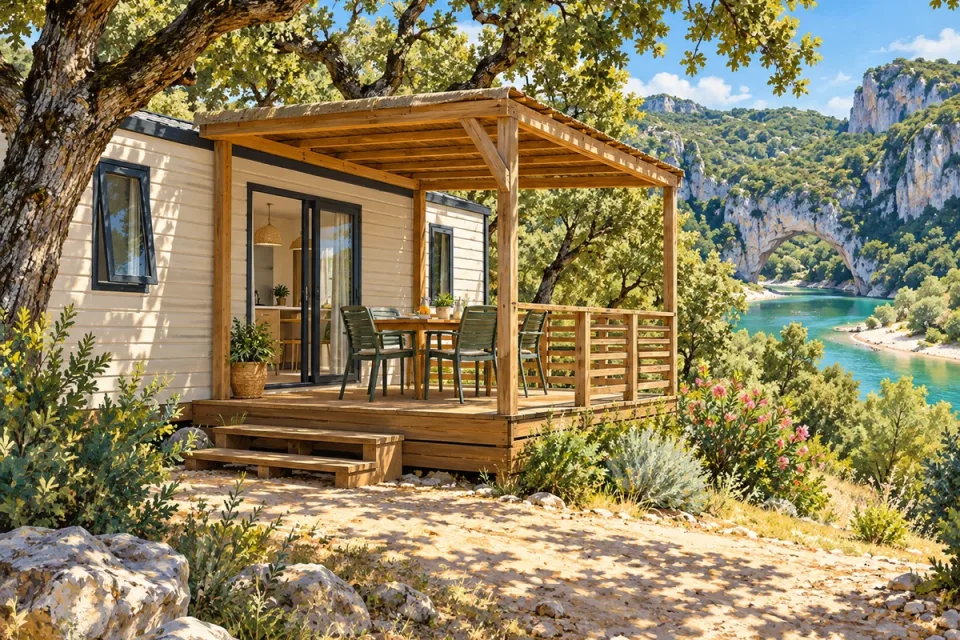 Un mobil-home blanc avec sa terrasse couverte en bois, une table et des chaises.
