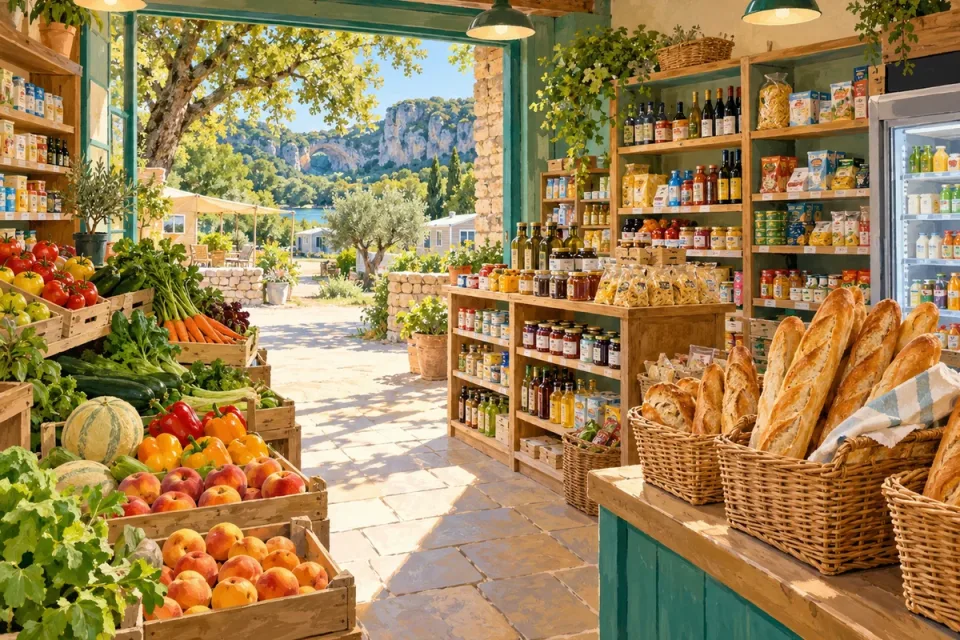 L’épicerie : fruits et légumes en cagettes, pain dans des paniers, étagères de produits.