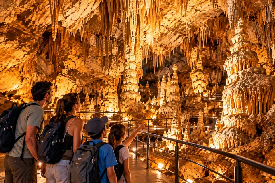 Une famille sur une passerelle, dans une grande salle de grotte pleine de concrétions.