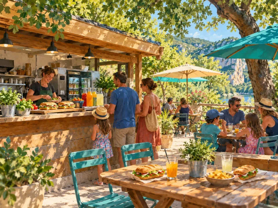 Le snack : un comptoir en bois et des familles attablées sous les parasols.