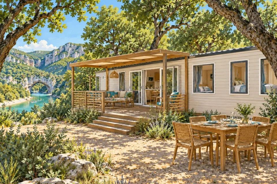 Un grand mobil-home blanc avec une terrasse couverte en bois et une table pour six.