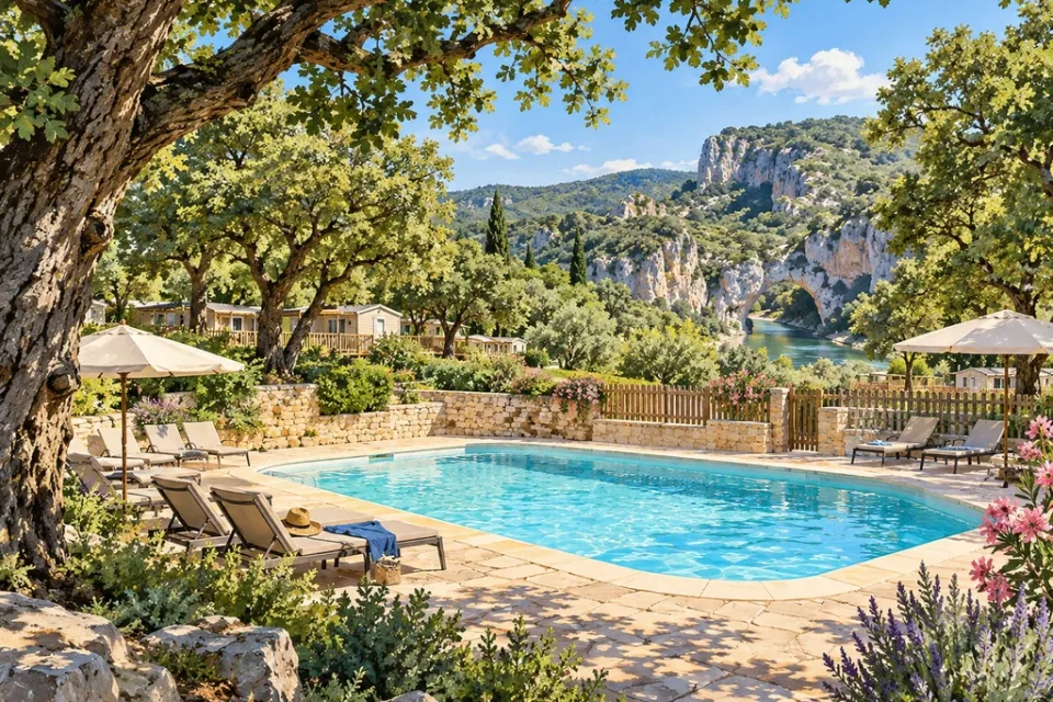 La piscine, entourée de transats et d’arbres, avec des falaises au loin.