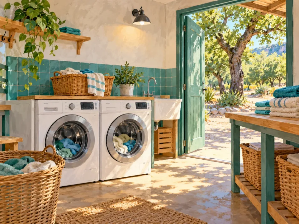 La laverie : deux machines à laver, des paniers et du linge plié.